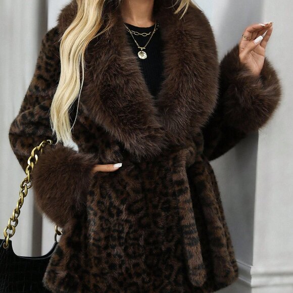 Coffee Brown Chic Women's Leopard Print Lapel Long Sleeve Faux Fur Jacket coat - Picture 5 of 9